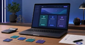 Laptop with AI website builder plan cards and calculator for comparing 10Web pricing