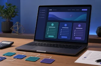 Laptop with AI website builder plan cards and calculator for comparing 10Web pricing