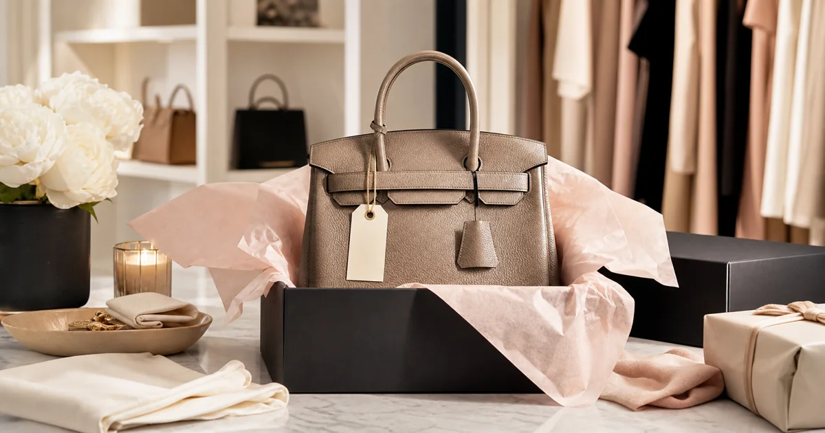 Unbranded luxury handbag illustrating first-order savings research