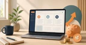 Laptop beside a piggy bank representing Granola AI plan savings