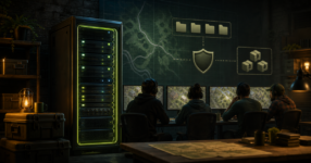 Friends using a protected server rack for a cooperative survival game session