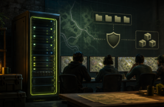 Friends using a protected server rack for a cooperative survival game session
