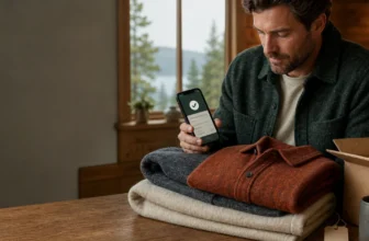 Shopper compares a personalized signup offer beside folded wool clothing and a parcel