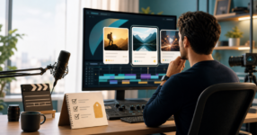 Video creator comparing project cards, timeline tools, and a savings checklist