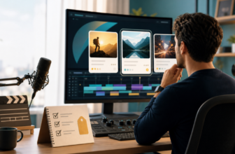 Video creator comparing project cards, timeline tools, and a savings checklist