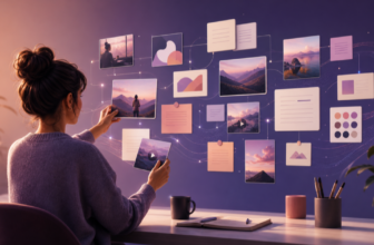 Creator arranging connected content cards on a visual AI planning canvas