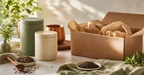 Tea tins and teacup beside a free-shipping order checklist