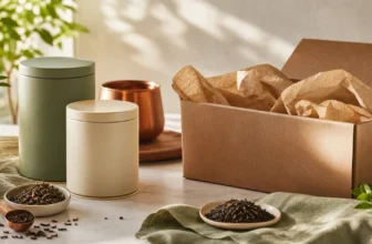 Tea tins and teacup beside a free-shipping order checklist