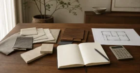 Furniture planning table with fabric swatches and calculator for comparing RH membership savings