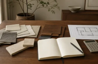 Furniture planning table with fabric swatches and calculator for comparing RH membership savings