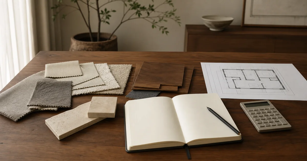 Furniture planning table with fabric swatches and calculator for comparing RH membership savings