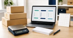 Small-business shipping desk with parcels and blank labels for comparing Stamps.com pricing