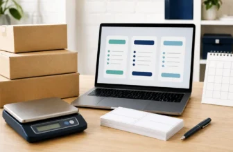Small-business shipping desk with parcels and blank labels for comparing Stamps.com pricing