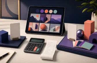 Creative tablet, calculator, receipt, and price cards illustrating an Artistly AI plan comparison