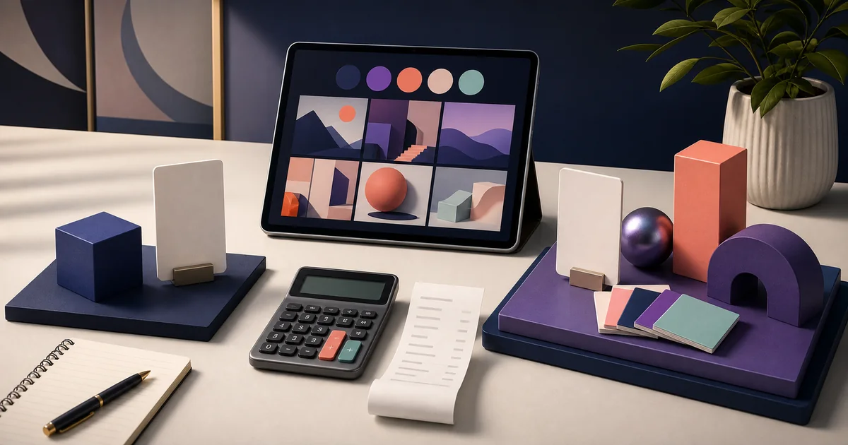 Creative tablet, calculator, receipt, and price cards illustrating an Artistly AI plan comparison