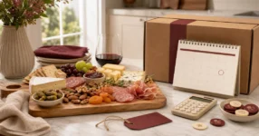 Charcuterie board, delivery parcel, calendar, calculator, and reward tokens illustrating Boarderie savings