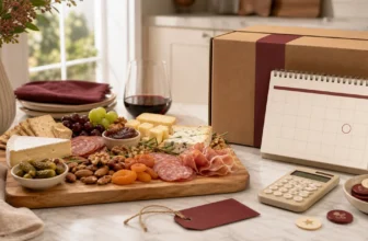 Charcuterie board, delivery parcel, calendar, calculator, and reward tokens illustrating Boarderie savings