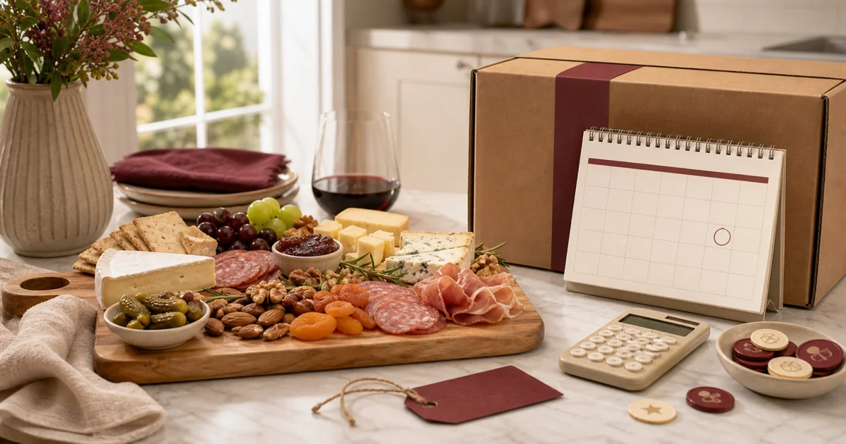 Charcuterie board, delivery parcel, calendar, calculator, and reward tokens illustrating Boarderie savings