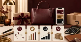 Leather handbag, gift box, sale cards, calculator, and return parcel illustrating Coach savings choices