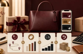 Leather handbag, gift box, sale cards, calculator, and return parcel illustrating Coach savings choices