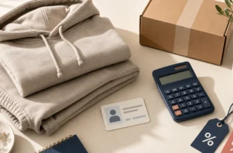 Folded neutral hoodie and sweatpants beside an ID card, calculator, parcel, and sale tags illustrating Comfrt savings