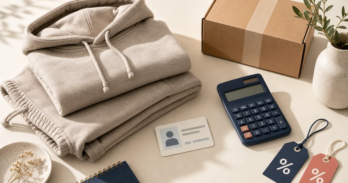 Folded neutral hoodie and sweatpants beside an ID card, calculator, parcel, and sale tags illustrating Comfrt savings