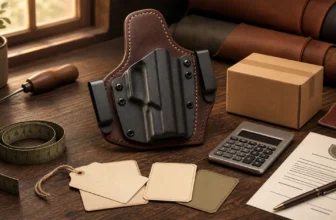 Empty leather holster, parcel, calculator, price cards, and warranty document illustrating purchase costs