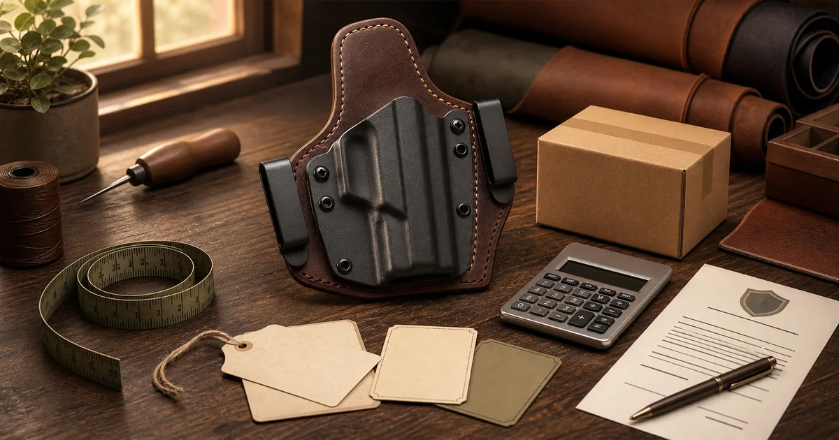 Empty leather holster, parcel, calculator, price cards, and warranty document illustrating purchase costs