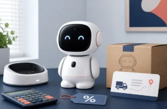 Original desktop companion robot beside a charging base, calculator, parcel, coupon tag, and shipping card illustrating LivingAI savings