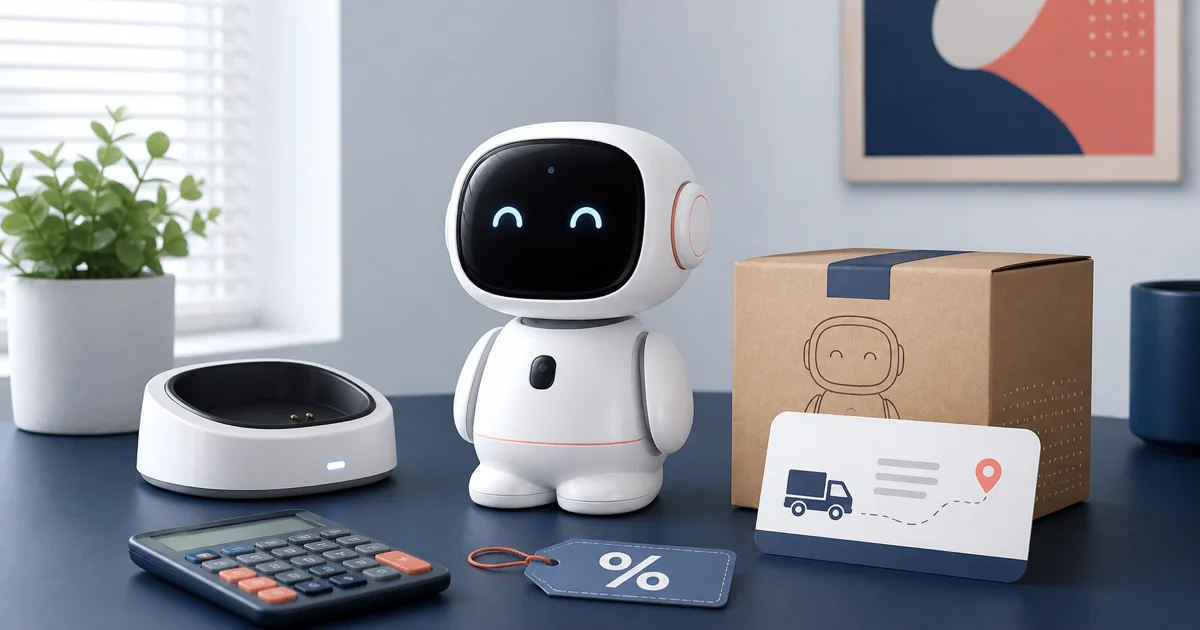 Original desktop companion robot beside a charging base, calculator, parcel, coupon tag, and shipping card illustrating LivingAI savings