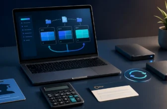 Laptop, external drives, student card, calculator, and license key arranged for a Paragon Software discount guide