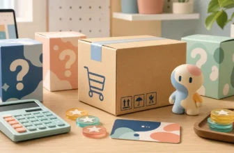 Generic mystery boxes, parcel, calculator, member card, and reward tokens illustrating POP MART savings