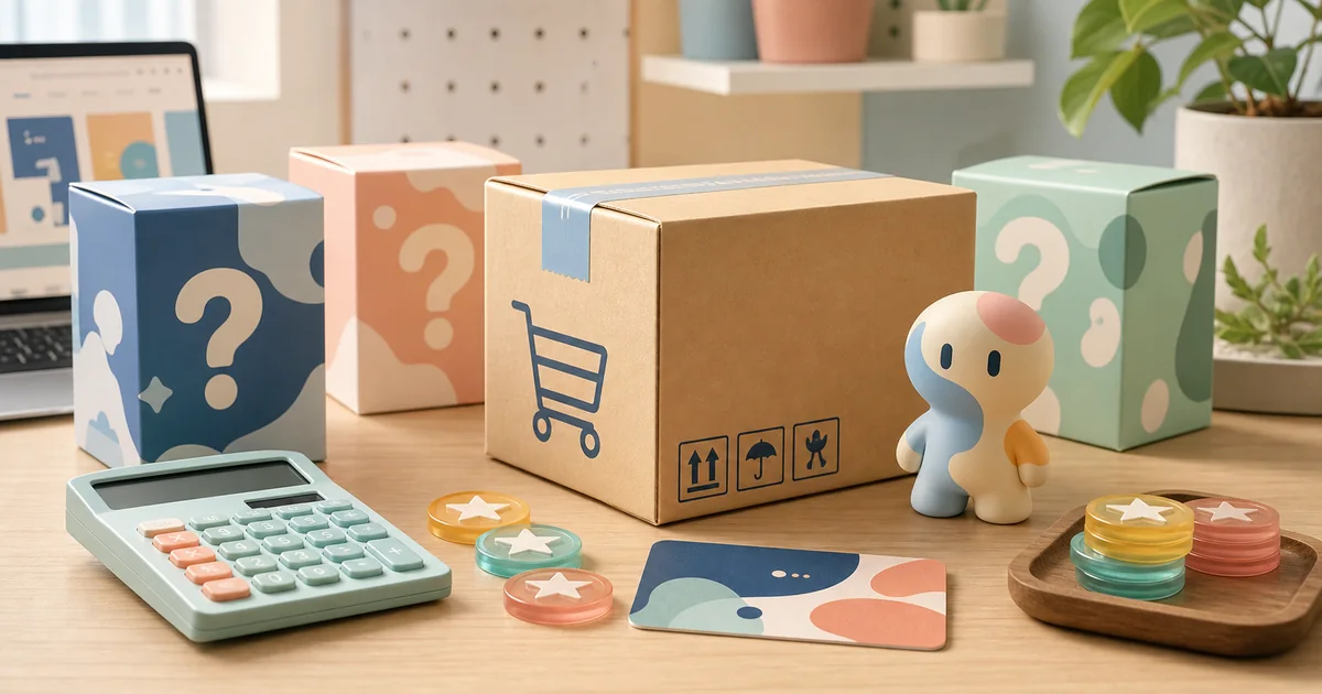 Generic mystery boxes, parcel, calculator, member card, and reward tokens illustrating POP MART savings