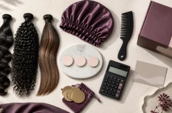 Hair extensions, satin bonnet, parcel, calculator, and reward tokens arranged for a Sam's Beauty savings guide