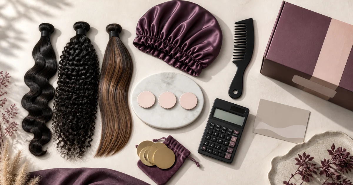 Hair extensions, satin bonnet, parcel, calculator, and reward tokens arranged for a Sam's Beauty savings guide