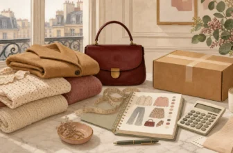 Folded clothing, parcel, handbag, measuring tape, receipt, and calculator illustrating Sézane shipping choices