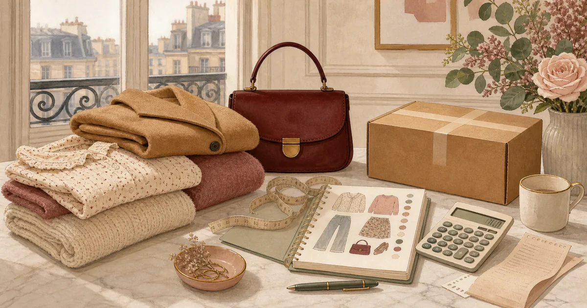 Folded clothing, parcel, handbag, measuring tape, receipt, and calculator illustrating Sézane shipping choices