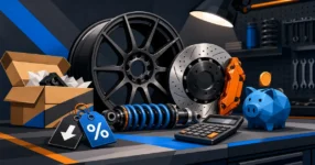 Performance wheel, brake rotor, parcel, price tags, and calculator illustrating Vivid Racing savings decisions