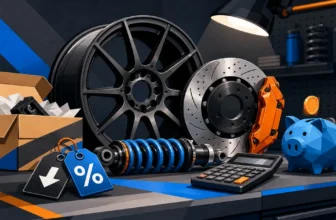 Performance wheel, brake rotor, parcel, price tags, and calculator illustrating Vivid Racing savings decisions