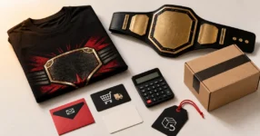 Wrestling fan merchandise, parcel, calculator, and discount cards arranged for a WWE Shop savings guide