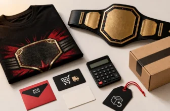 Wrestling fan merchandise, parcel, calculator, and discount cards arranged for a WWE Shop savings guide